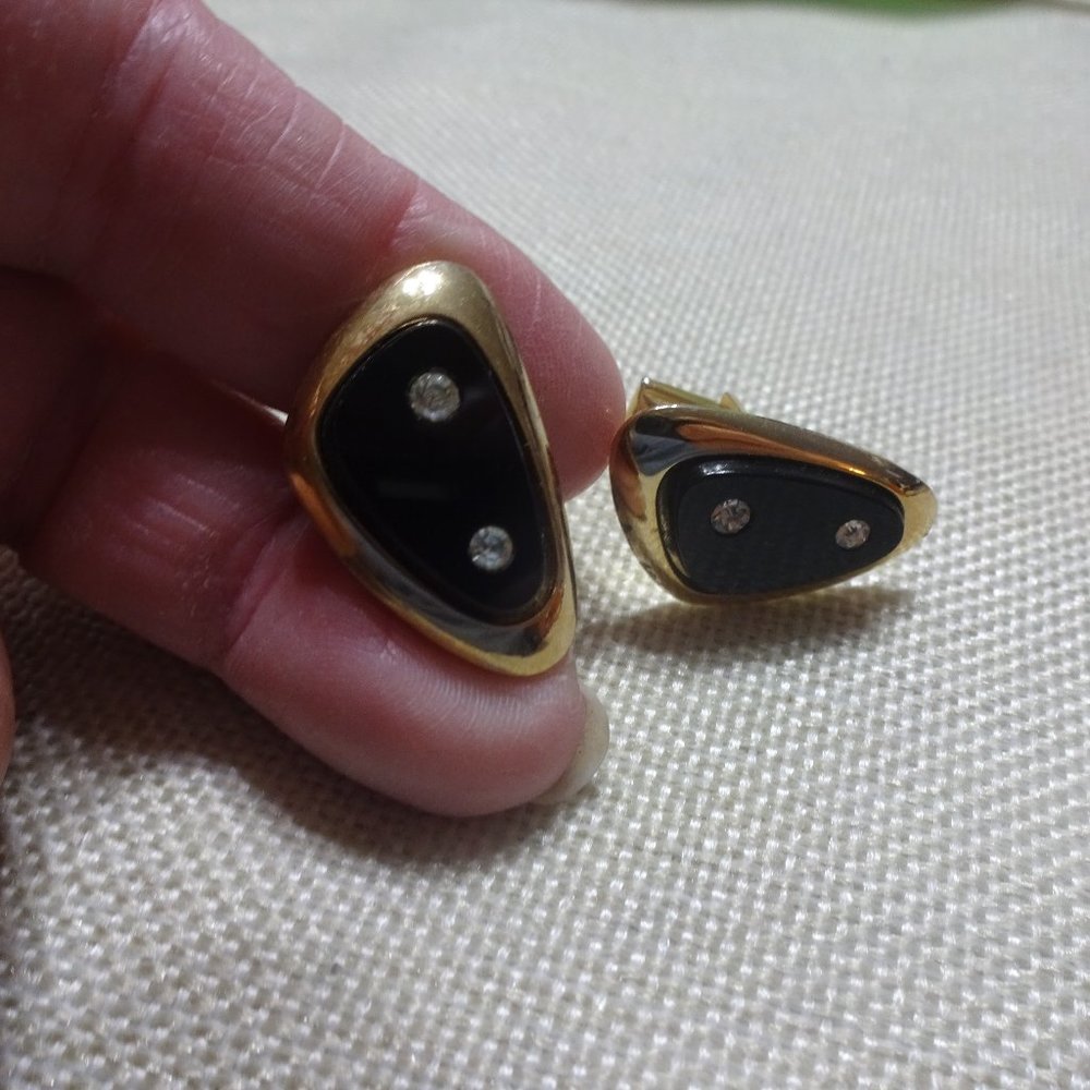 Vintage "CUFFLINKS - SARAH COVENTRY" 1960's GOLD with BLACK ONYX & RHINESTONES